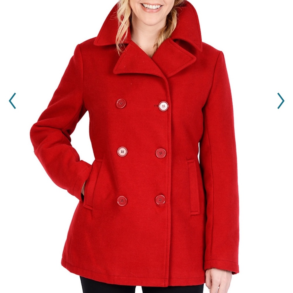 Women's Red Excelled Double-Breasted Faux-Wool Peacoat